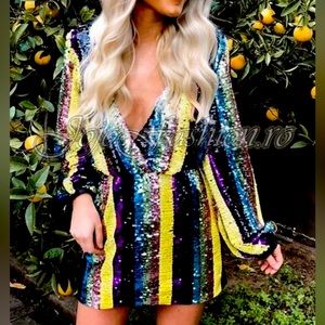 boutique sequin mini dress with beautiful neckline & bright colors. Size medium